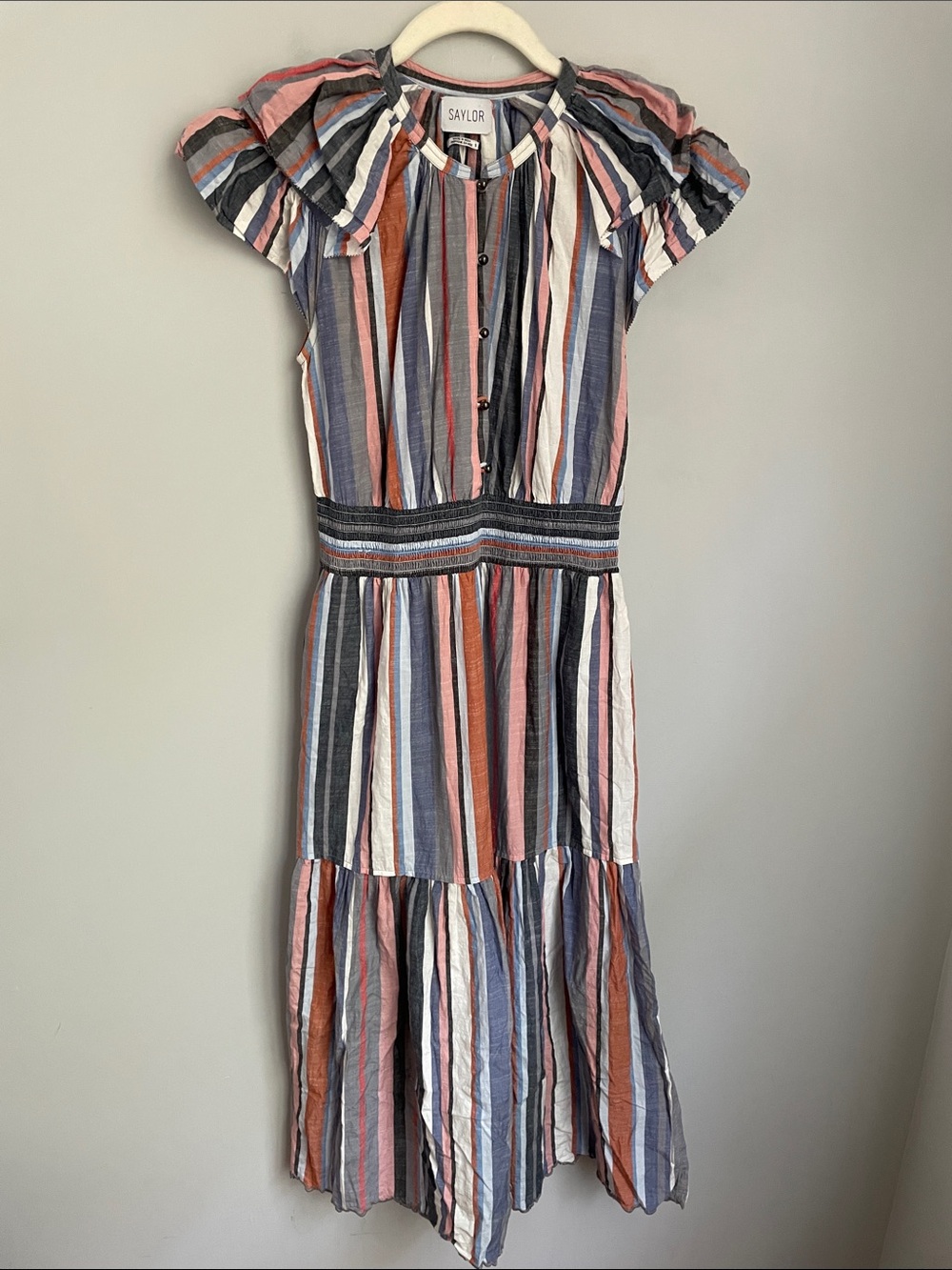 SAYLOR Striped Cotton Flutter Sleeve Multicolor Midi Dress Size Small